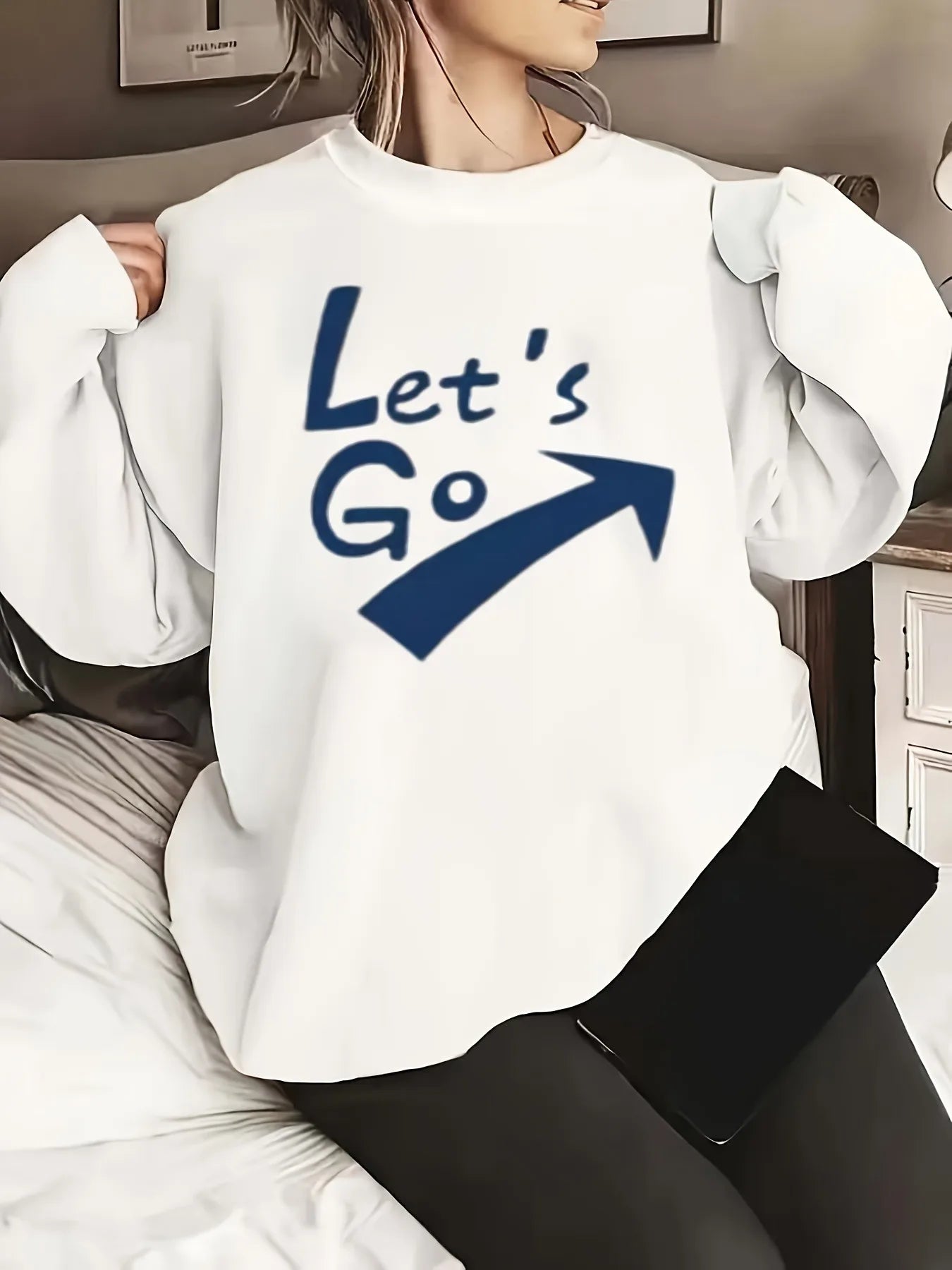 Chic Letter Print Crew Neck Sweatshirt for Women - Casual Polyester Blend, Machine Washable, Perfect for All Seasons
