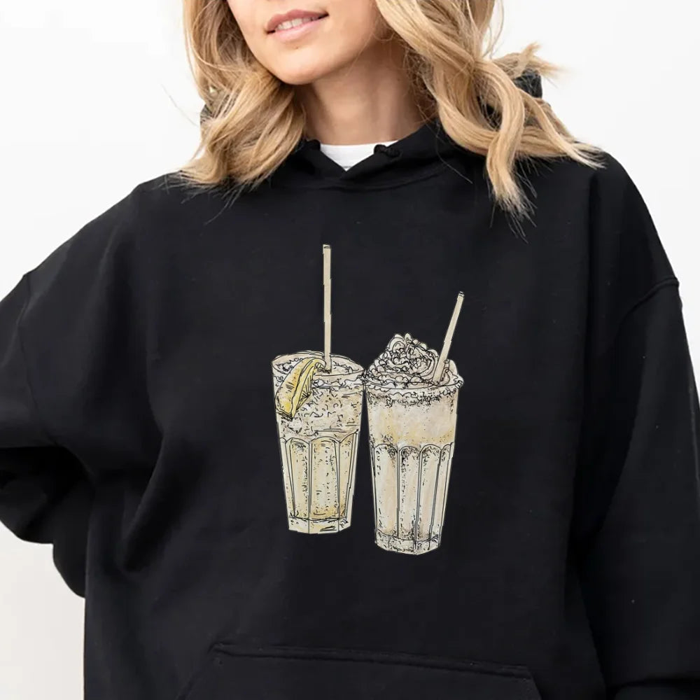 High Quality Comfortable Streetwear Hoodie Trendy Casual Black Style Top With Iced Drinks Print Fashion Daily Wear