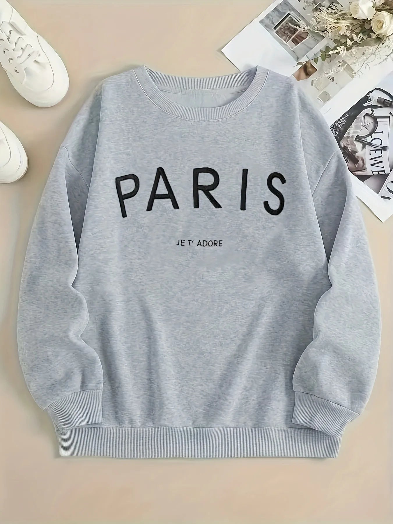 PARIS Print Pullover Sweatshirt, Casual Long Sleeve Crew Neck Sweatshirt For Fall & Winter, Women's Clothing