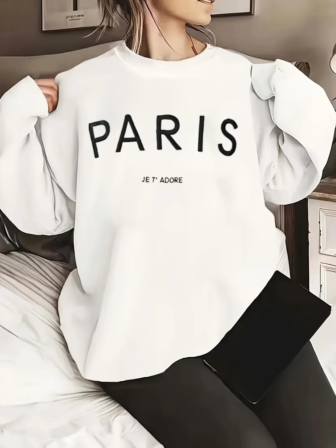 PARIS Print Pullover Sweatshirt, Casual Long Sleeve Crew Neck Sweatshirt For Fall & Winter, Women's Clothing