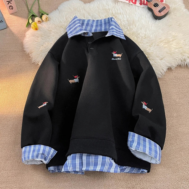 Plaid Patchwork Fake Two Sweatshirt College Style Puppy Embroidery POLO Collar Sweatshirt Men Women Loose Pullover Tops
