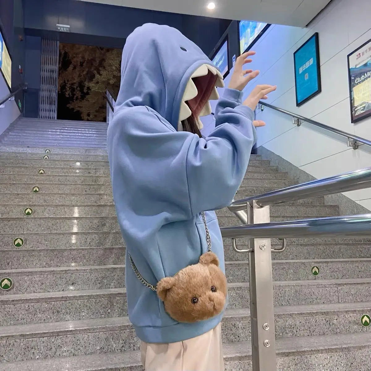 2025 Fall Japanese Kawaii Shark Hoodie - Plush Fleece Oversized Unisex Pullover with Fun Ear Hood Club outfits for women 2025