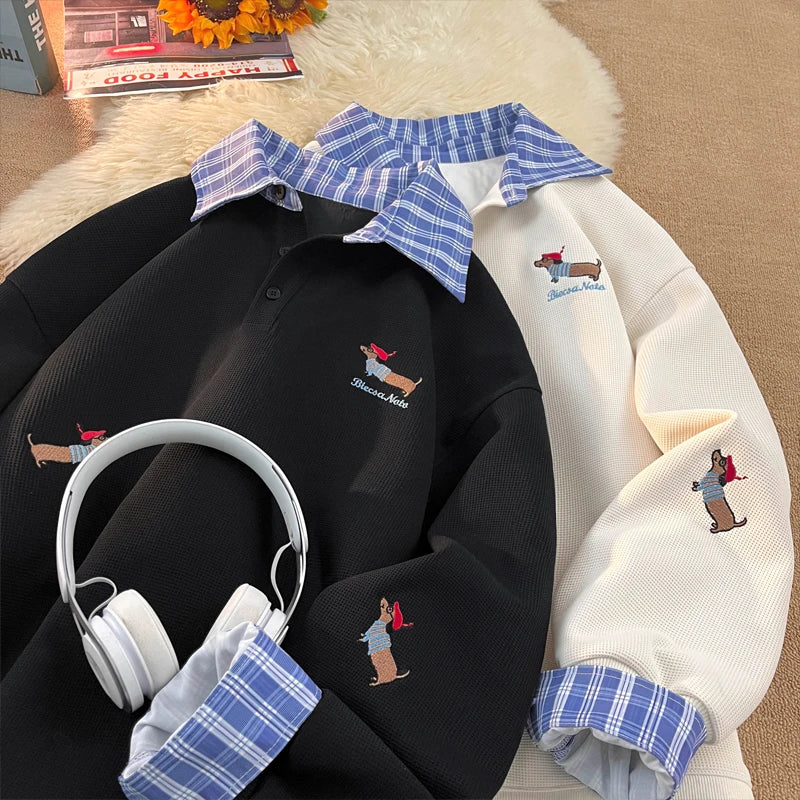 Plaid Patchwork Fake Two Sweatshirt College Style Puppy Embroidery POLO Collar Sweatshirt Men Women Loose Pullover Tops