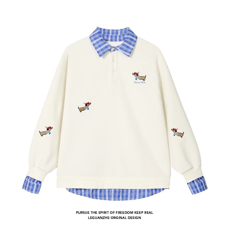 Plaid Patchwork Fake Two Sweatshirt College Style Puppy Embroidery POLO Collar Sweatshirt Men Women Loose Pullover Tops