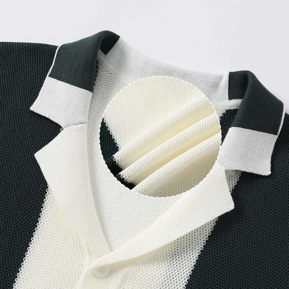 Men's Short Sleeve Summer Shirts Retro Knit Lapel Business Soft Light Casual Breathable Polo Knitwear Tops US Size