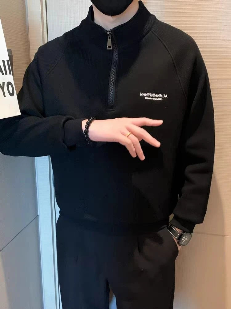 Fleece-Lined Warm Sweatshirts for Men No Brand Luxury Aesthetic Streetwear Tops Simple Emo Welcome Deal with Zipper Man Pullover