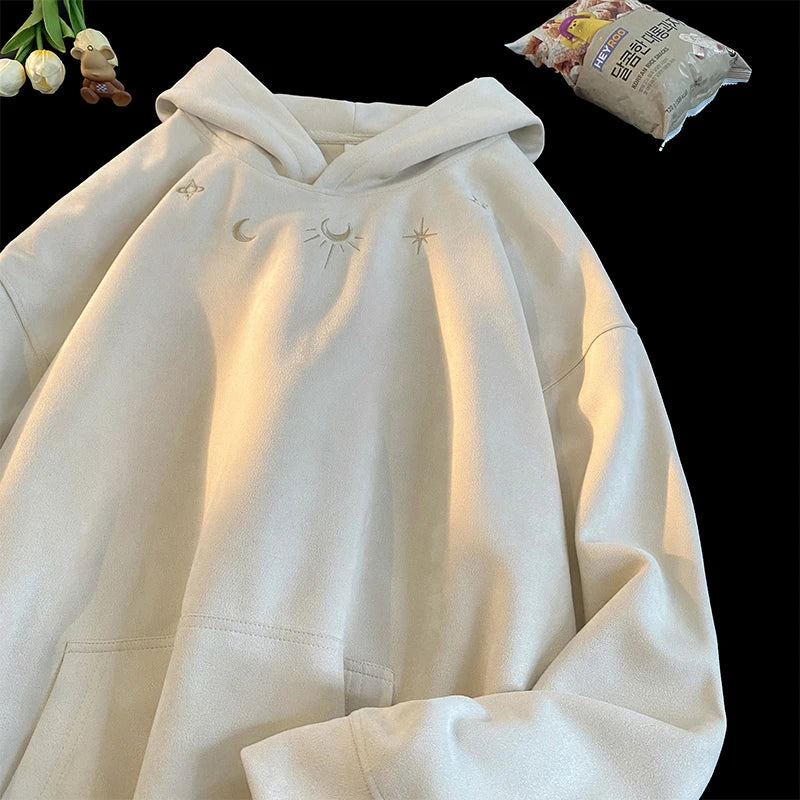 Suede Sweatshirt Men Retro Street Loose Hoodie Embroidery Pattern Gothic Style Hooded Sweatshirt Autumn Male Sweatshirts