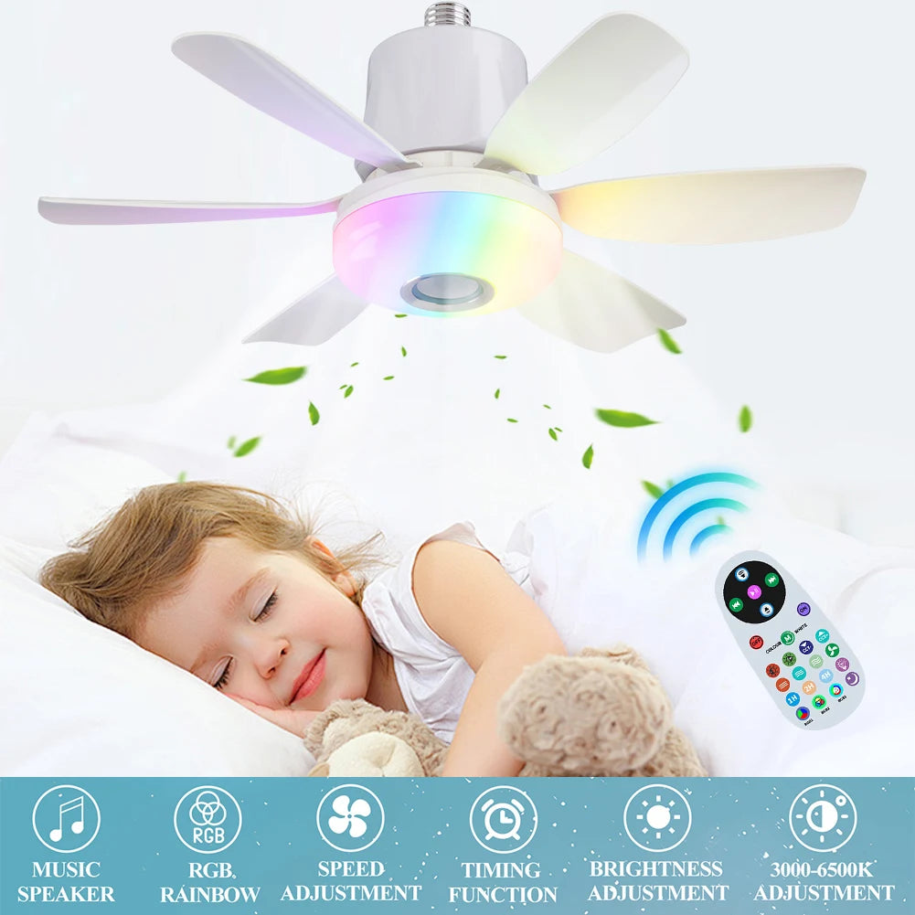 Socket Fan Light with Remote Ceiling Fan with Light Dimmable Socket Ceiling Fan RGB Light LED Light Fan for Living Room Bedroom