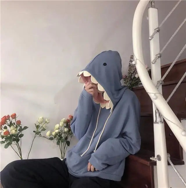 2025 Fall Japanese Kawaii Shark Hoodie - Plush Fleece Oversized Unisex Pullover with Fun Ear Hood Club outfits for women 2025