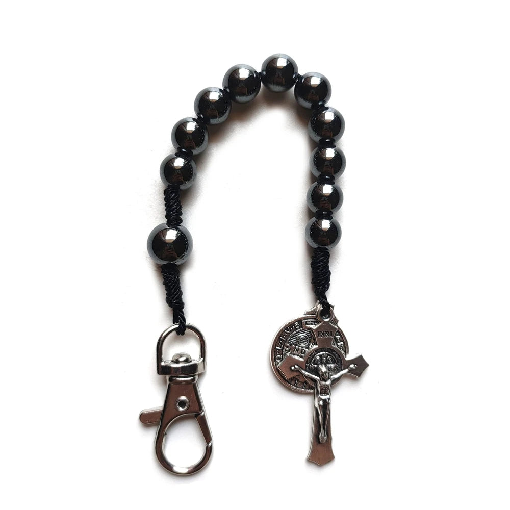 QIGO Hematite Beads Pocket Car Rosary Cross Saint Benedict Bracelets Religious Jewelry