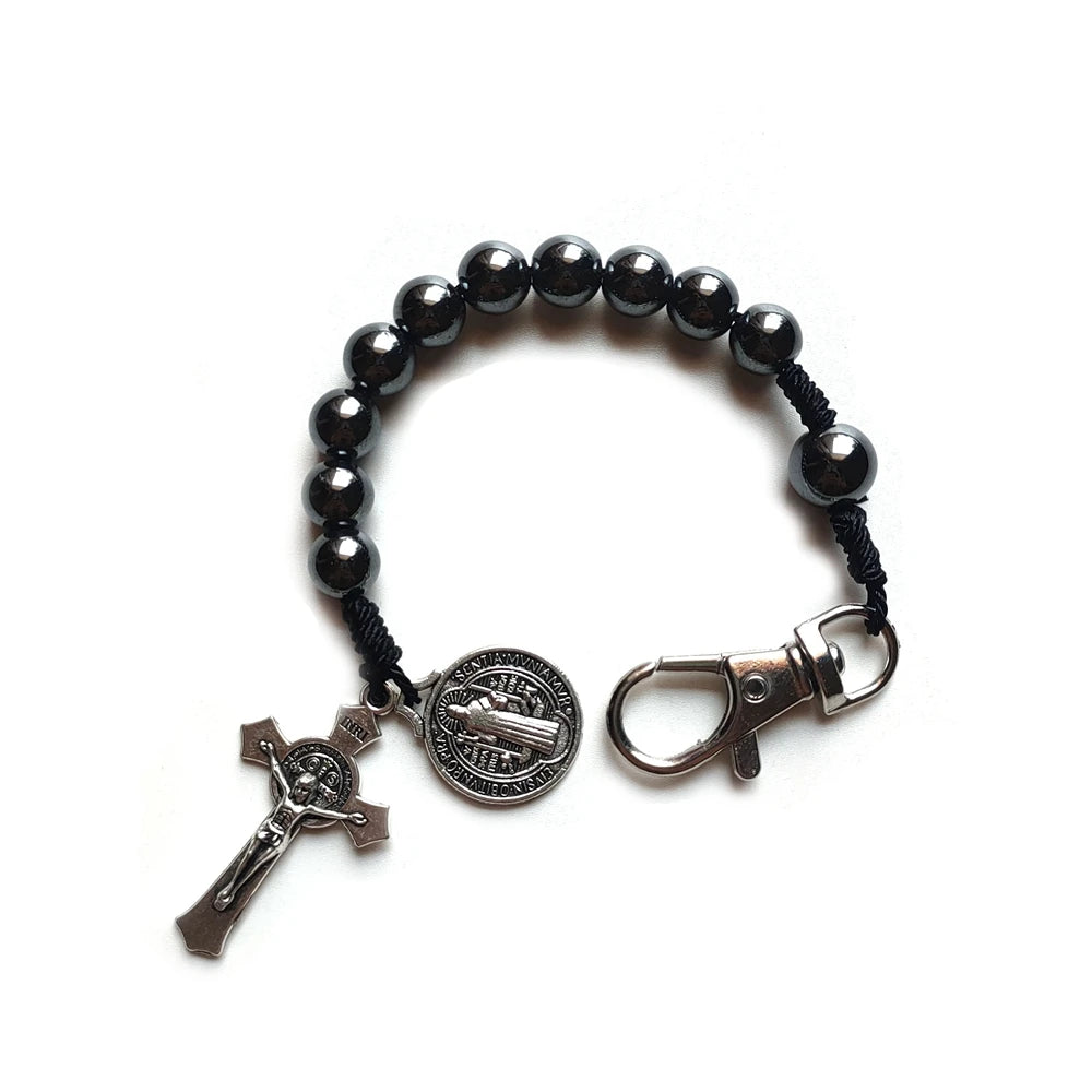 QIGO Hematite Beads Pocket Car Rosary Cross Saint Benedict Bracelets Religious Jewelry