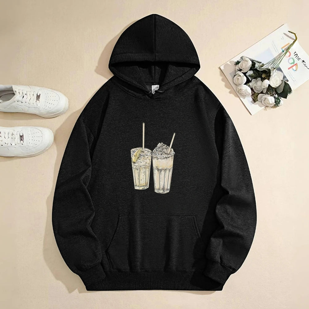 High Quality Comfortable Streetwear Hoodie Trendy Casual Black Style Top With Iced Drinks Print Fashion Daily Wear