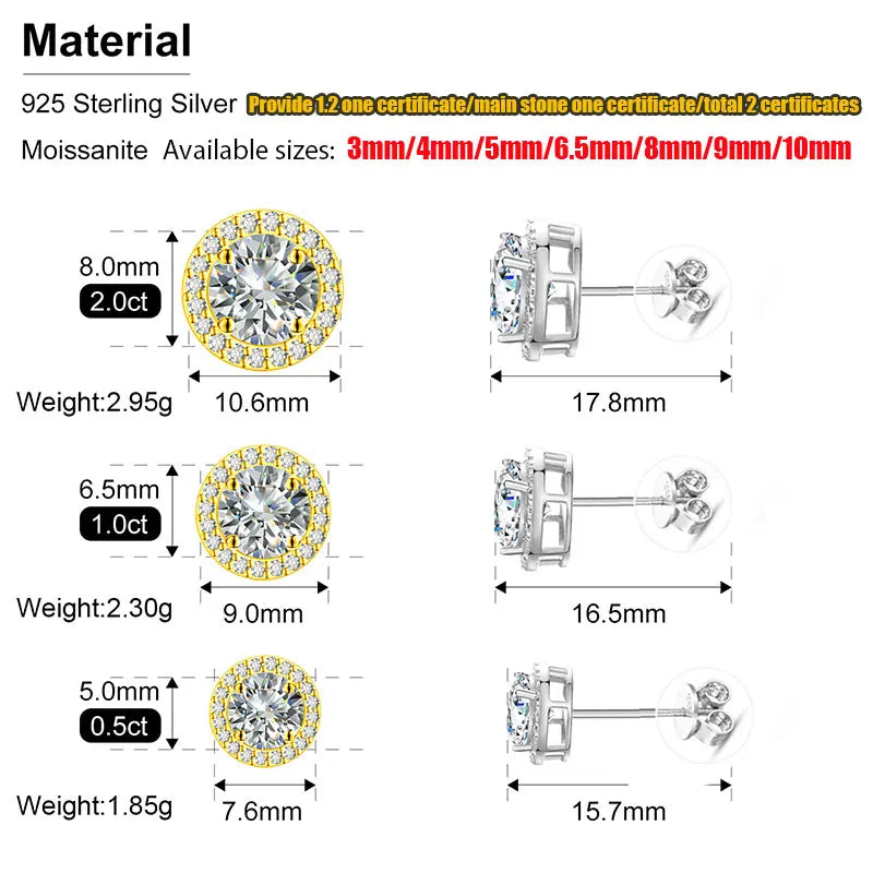TUHE Unisex VVS1 Moissanite Women Earrings 925 Silver Fine Jewelry Earings 3MM/4MM/5MM 925 Silver Fashion Earrings Women Gift