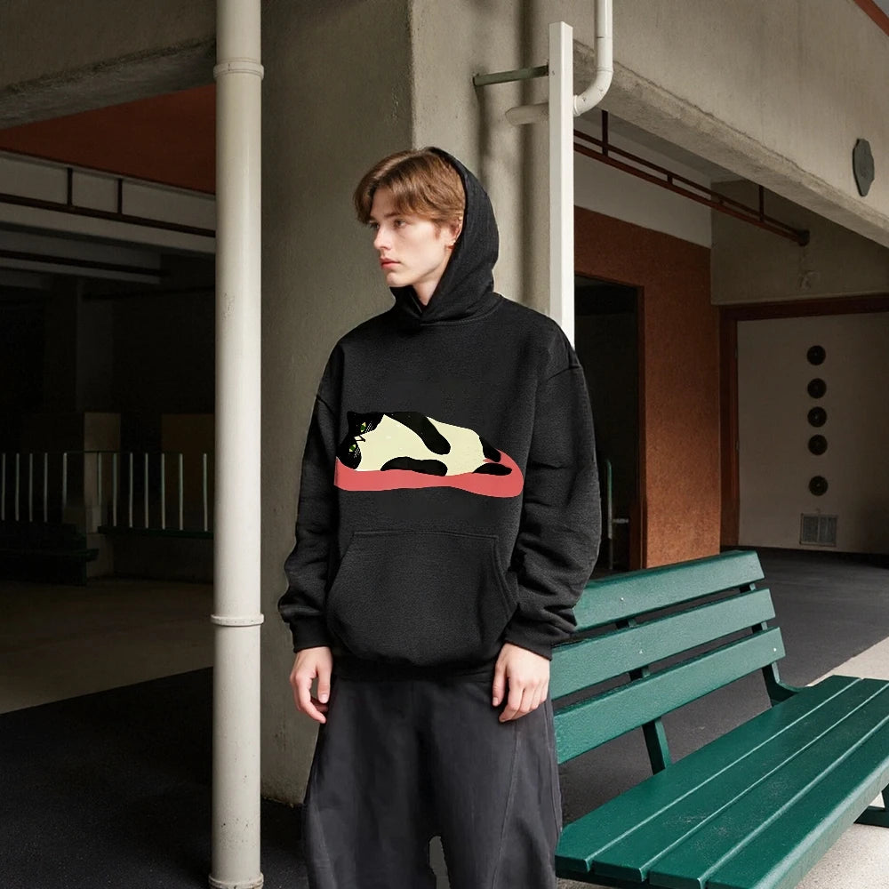 ButterySoft OversizedBlack Hoodie Charming Lazy Cat Print Ideal Warm Heavyweight Hoodie Perfect ForChilly Evenings Lazy Weekends