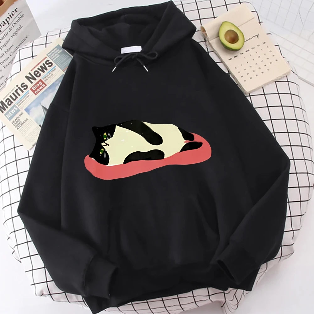 ButterySoft OversizedBlack Hoodie Charming Lazy Cat Print Ideal Warm Heavyweight Hoodie Perfect ForChilly Evenings Lazy Weekends
