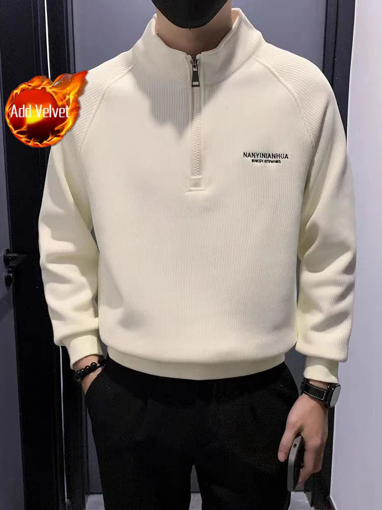 Fleece-Lined Warm Sweatshirts for Men No Brand Luxury Aesthetic Streetwear Tops Simple Emo Welcome Deal with Zipper Man Pullover