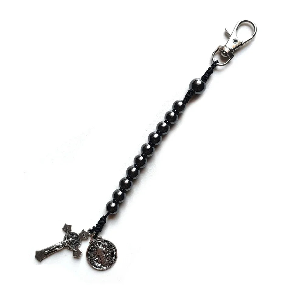 QIGO Hematite Beads Pocket Car Rosary Cross Saint Benedict Bracelets Religious Jewelry