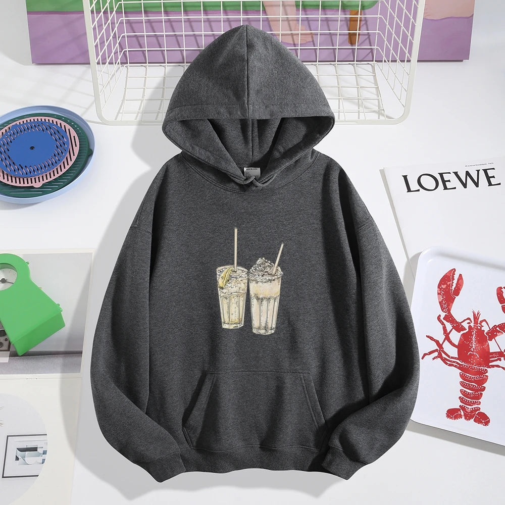 High Quality Comfortable Streetwear Hoodie Trendy Casual Black Style Top With Iced Drinks Print Fashion Daily Wear