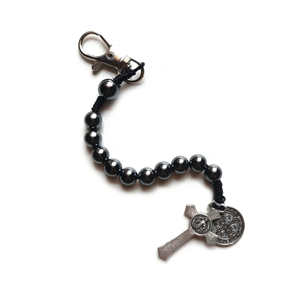 QIGO Hematite Beads Pocket Car Rosary Cross Saint Benedict Bracelets Religious Jewelry