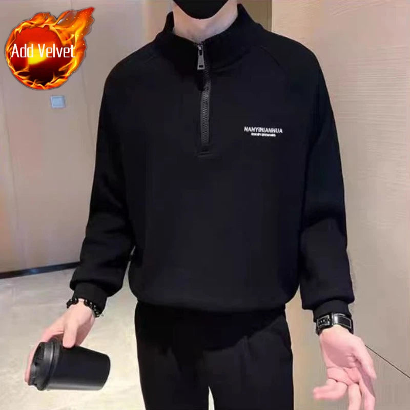 Fleece-Lined Warm Sweatshirts for Men No Brand Luxury Aesthetic Streetwear Tops Simple Emo Welcome Deal with Zipper Man Pullover