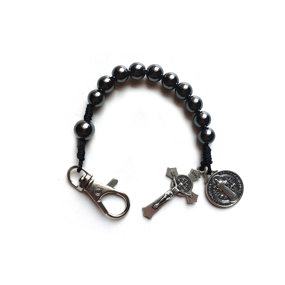 QIGO Hematite Beads Pocket Car Rosary Cross Saint Benedict Bracelets Religious Jewelry