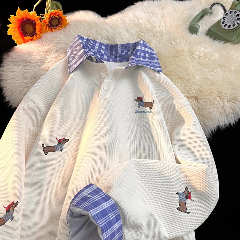 Plaid Patchwork Fake Two Sweatshirt College Style Puppy Embroidery POLO Collar Sweatshirt Men Women Loose Pullover Tops