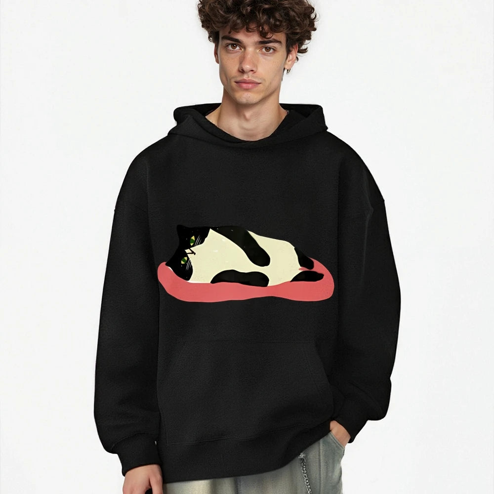 ButterySoft OversizedBlack Hoodie Charming Lazy Cat Print Ideal Warm Heavyweight Hoodie Perfect ForChilly Evenings Lazy Weekends
