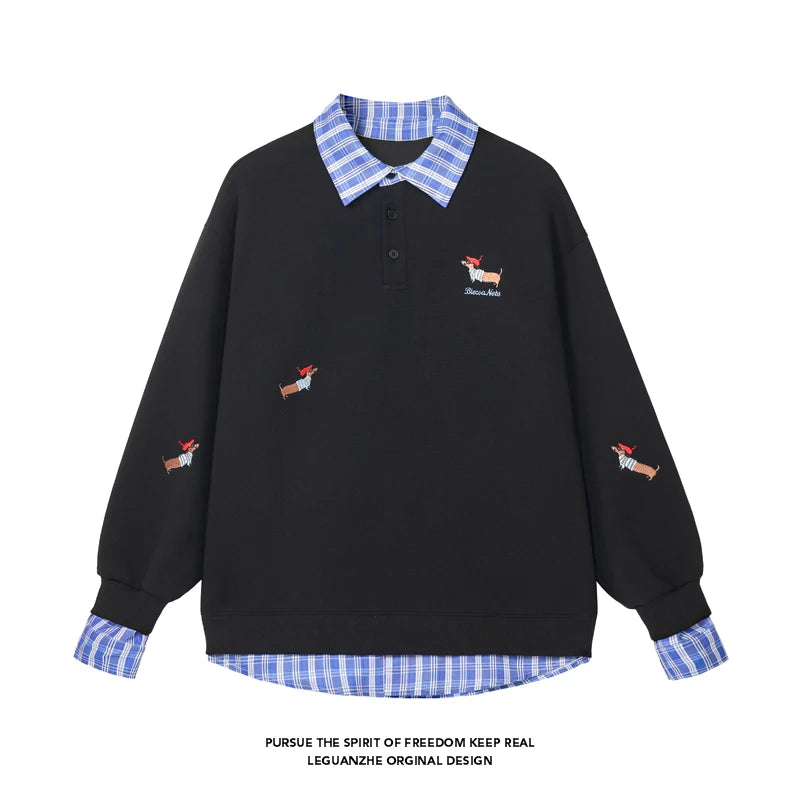 Plaid Patchwork Fake Two Sweatshirt College Style Puppy Embroidery POLO Collar Sweatshirt Men Women Loose Pullover Tops