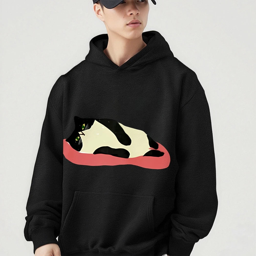 ButterySoft OversizedBlack Hoodie Charming Lazy Cat Print Ideal Warm Heavyweight Hoodie Perfect ForChilly Evenings Lazy Weekends