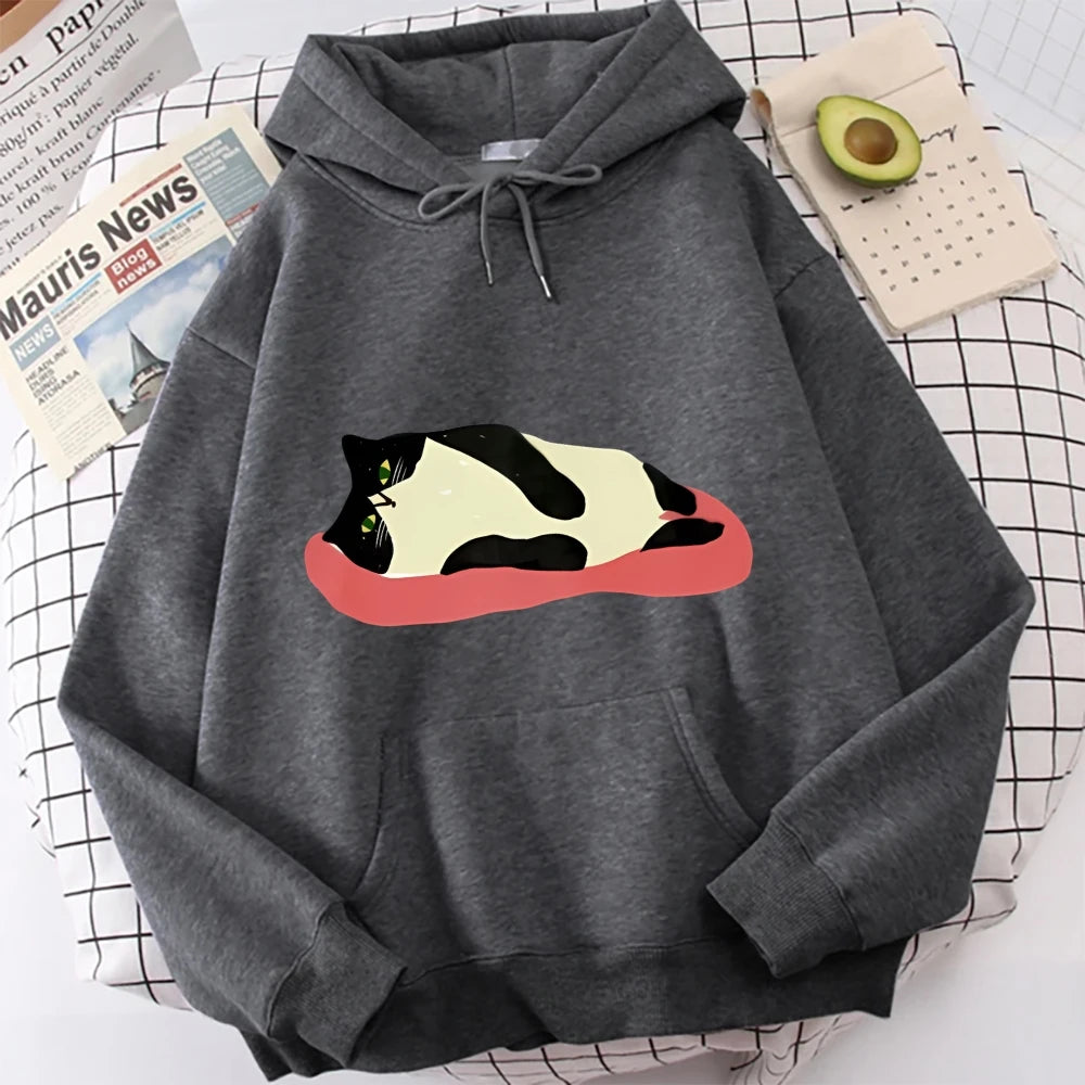 ButterySoft OversizedBlack Hoodie Charming Lazy Cat Print Ideal Warm Heavyweight Hoodie Perfect ForChilly Evenings Lazy Weekends