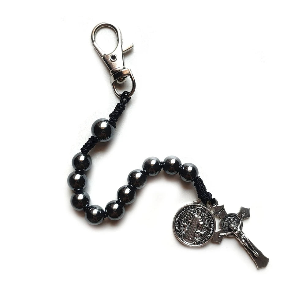 QIGO Hematite Beads Pocket Car Rosary Cross Saint Benedict Bracelets Religious Jewelry