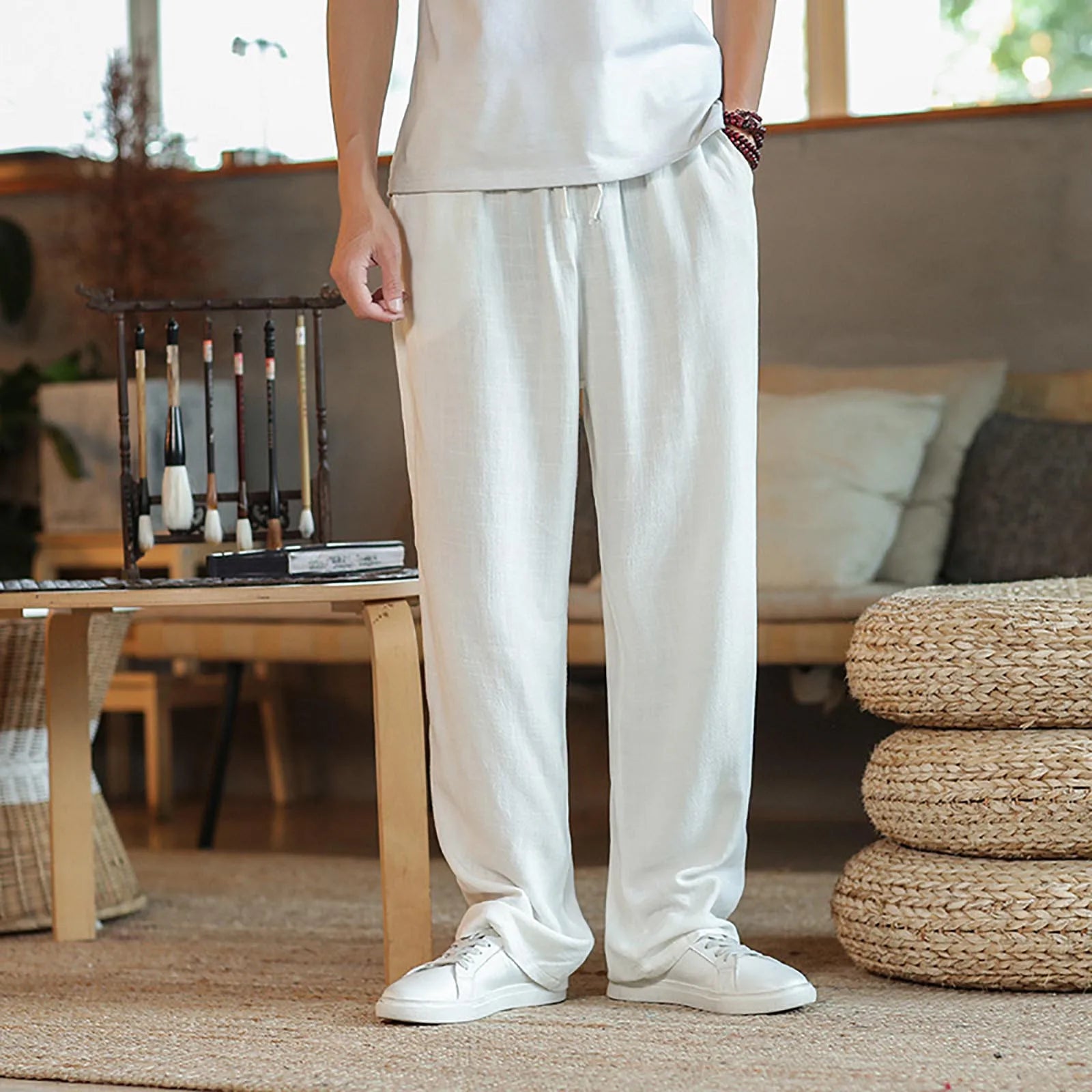 Summer Spring Cotton Linen Men Pants Japan Style Large Size Wide Leg Pants Oversized Loose Casual Trousers Black Male Pants