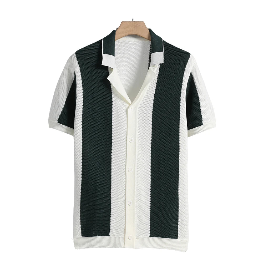 Men's Short Sleeve Summer Shirts Retro Knit Lapel Business Soft Light Casual Breathable Polo Knitwear Tops US Size