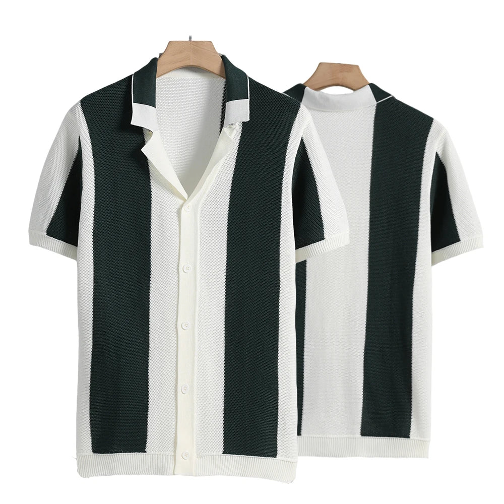 Men's Short Sleeve Summer Shirts Retro Knit Lapel Business Soft Light Casual Breathable Polo Knitwear Tops US Size