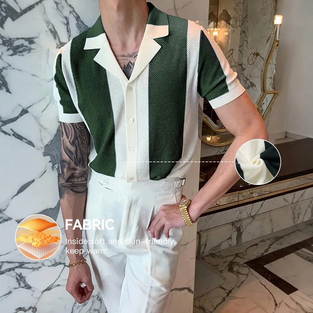 Men's Short Sleeve Summer Shirts Retro Knit Lapel Business Soft Light Casual Breathable Polo Knitwear Tops US Size