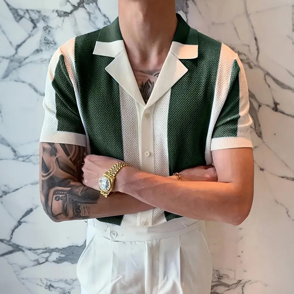 Men's Short Sleeve Summer Shirts Retro Knit Lapel Business Soft Light Casual Breathable Polo Knitwear Tops US Size