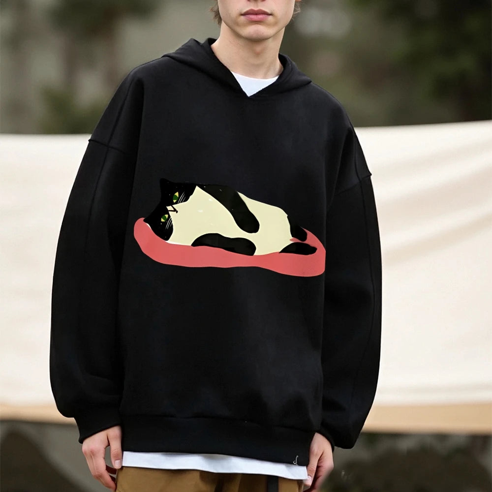 ButterySoft OversizedBlack Hoodie Charming Lazy Cat Print Ideal Warm Heavyweight Hoodie Perfect ForChilly Evenings Lazy Weekends