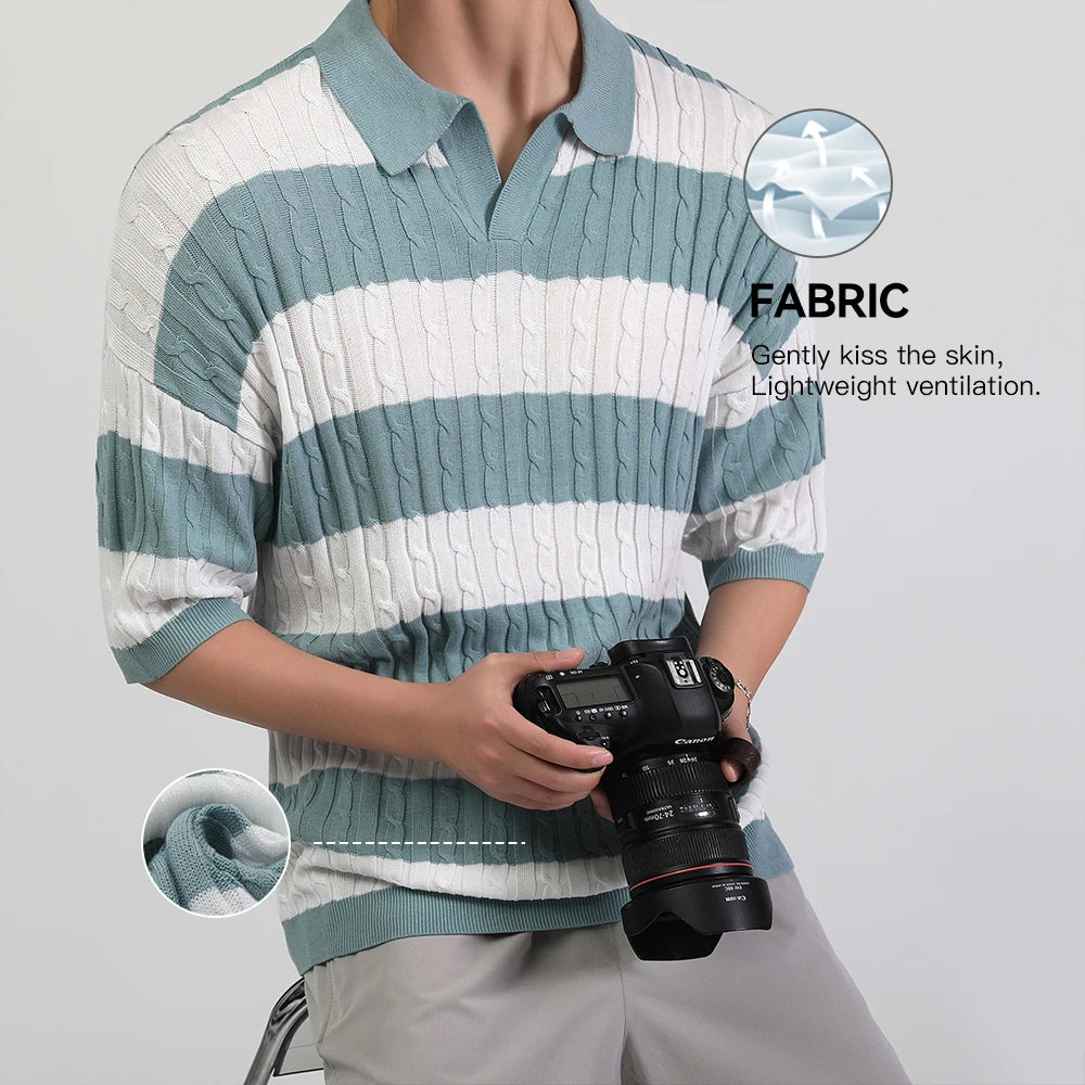 Men's Polo Short Sleeve Retro Knit Lapel Striped Short Sleeve Fashion Popular Knitwear Casual Breathable Top US Size