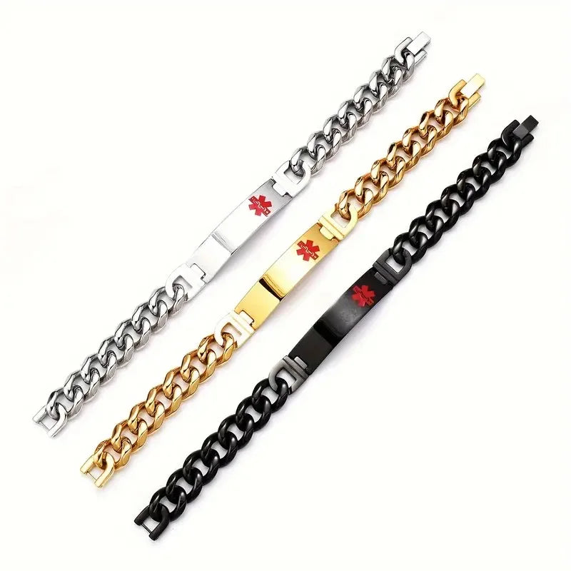Blank Curved Bar Stainless Steel Medical Alert Bracelet Patient Disease Awareness Link Chain Red ID for Men Bangle Metal Jewelry