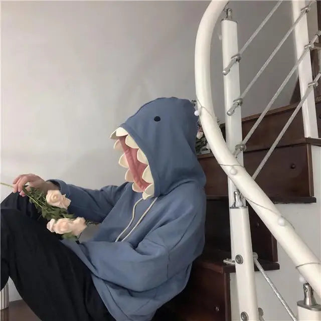 2025 Fall Japanese Kawaii Shark Hoodie - Plush Fleece Oversized Unisex Pullover with Fun Ear Hood Club outfits for women 2025