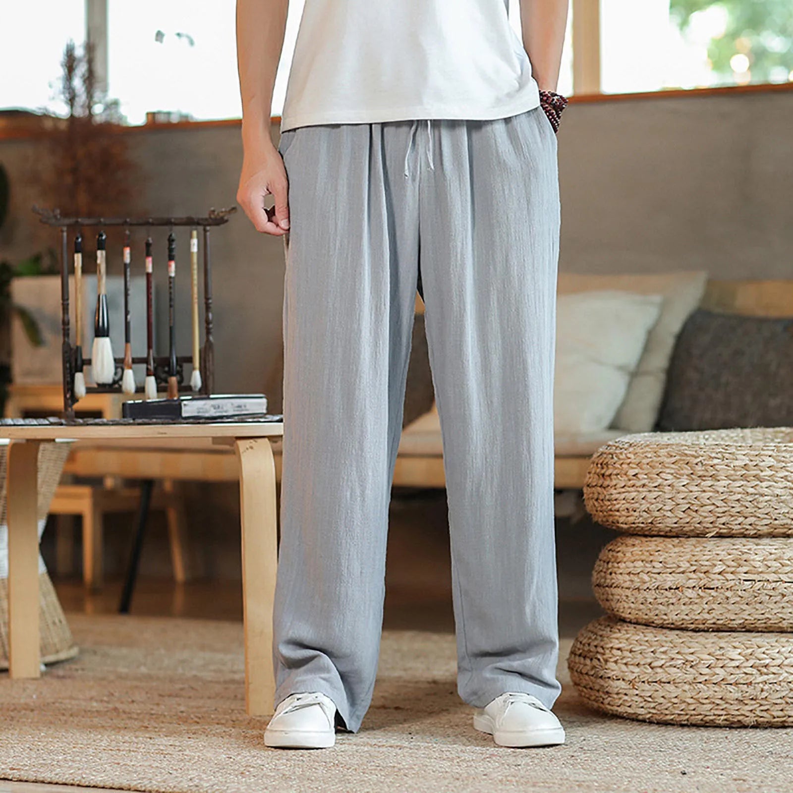 Summer Spring Cotton Linen Men Pants Japan Style Large Size Wide Leg Pants Oversized Loose Casual Trousers Black Male Pants
