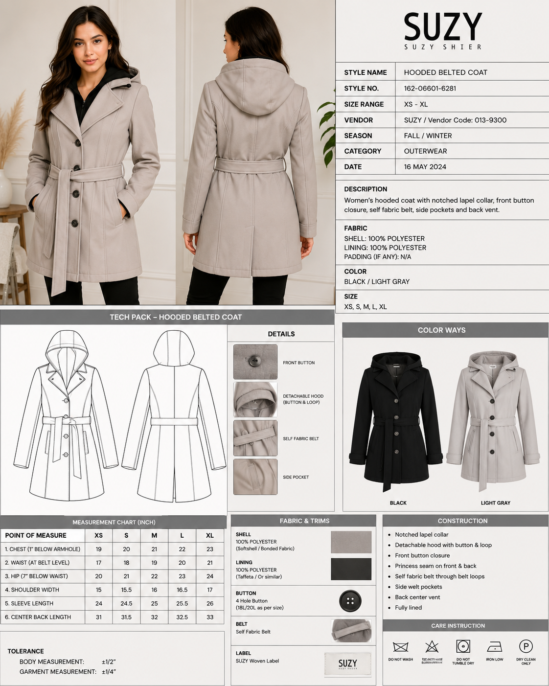 Women's Hooded Belted Coat - 16- & 20-Piece Carton
