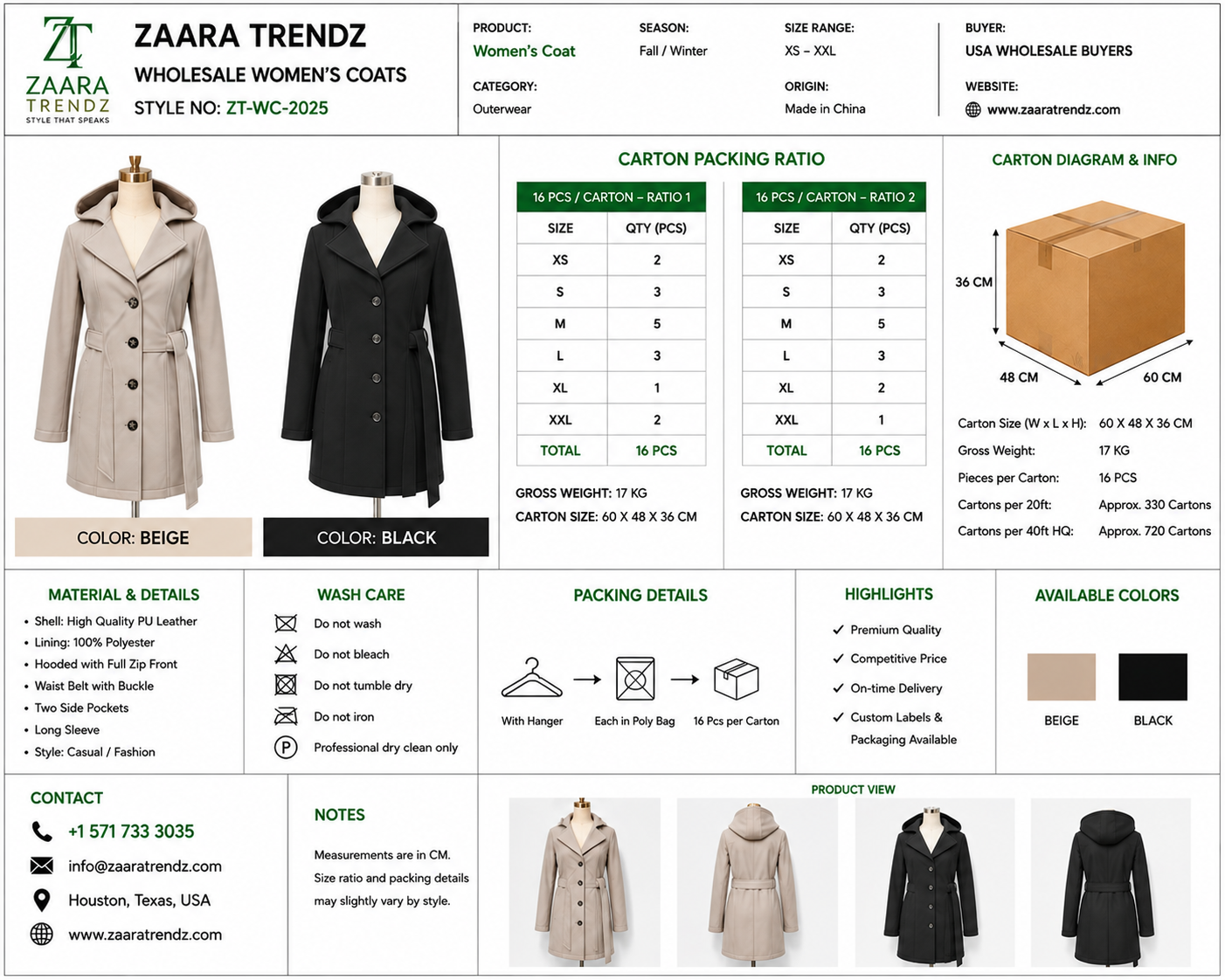 Women's Hooded Belted Coat - 16- & 20-Piece Carton