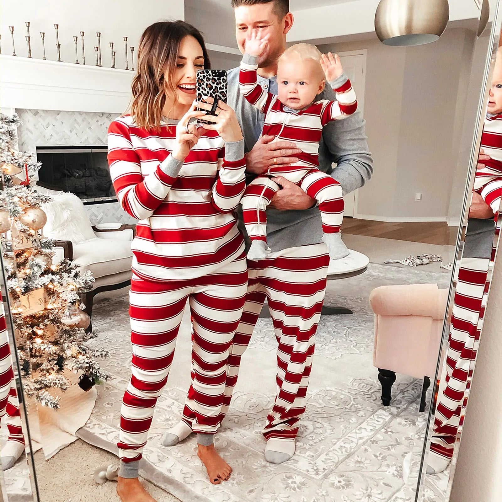 Christmas Family Matching Pajamas Set - Cozy Striped Long Sleeve Sleepwear for Women, Men & Kids
