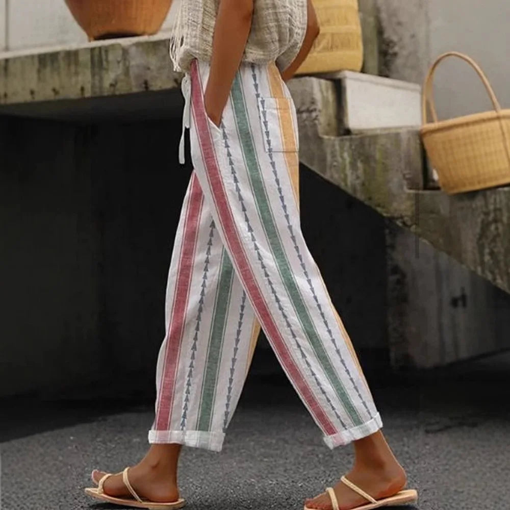 2025 New Women's Trousers Vertical Striped Drawstring Elastic Waist Pocket Fashion Street Versatile Casual Pants