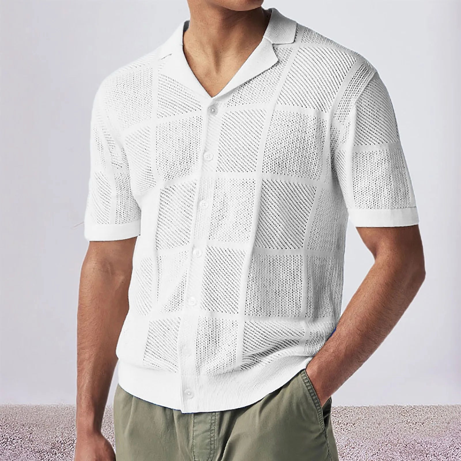 Summer Men'S Knit Cardigan Shirt Absorbent Breathable Thin Hollow Short Sleeved Button Shirt New Clothing Summer Streetwear