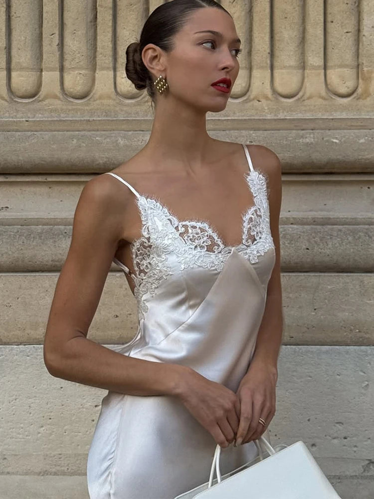 Lace Patchwork Sling Maxi Dress Women Sexy Solid V-neck Sleeveless Backless Satin Slim Long Gown Lady Chic Evening Party Dresses