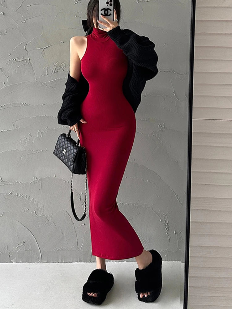 Red Sexy Turtleneck Bodycon Midi Dress – Women’s Elegant Hip Wrap Party Dress, Sleeveless Y2K Evening Outfit