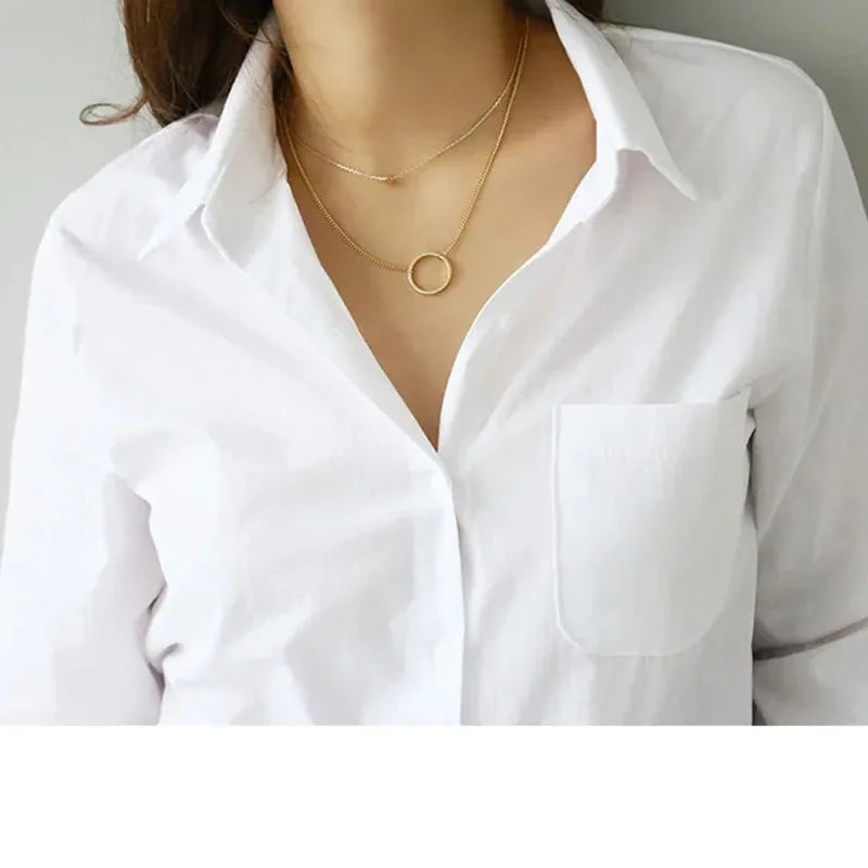 OL Style Tops Fashionable Commuting Style Long Sleeved Lapel White Shirt Elegant Office Lady Cotton Blouse Camisa Feminina 3496