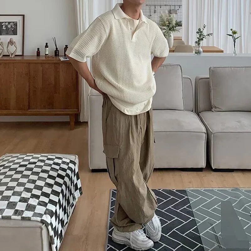 New Fashion Hollow Out Knit Polo Shirts Men Stylish Solid Color Short Sleeve Polo Neck Tops Mens Summer Casual Knitting Pullover